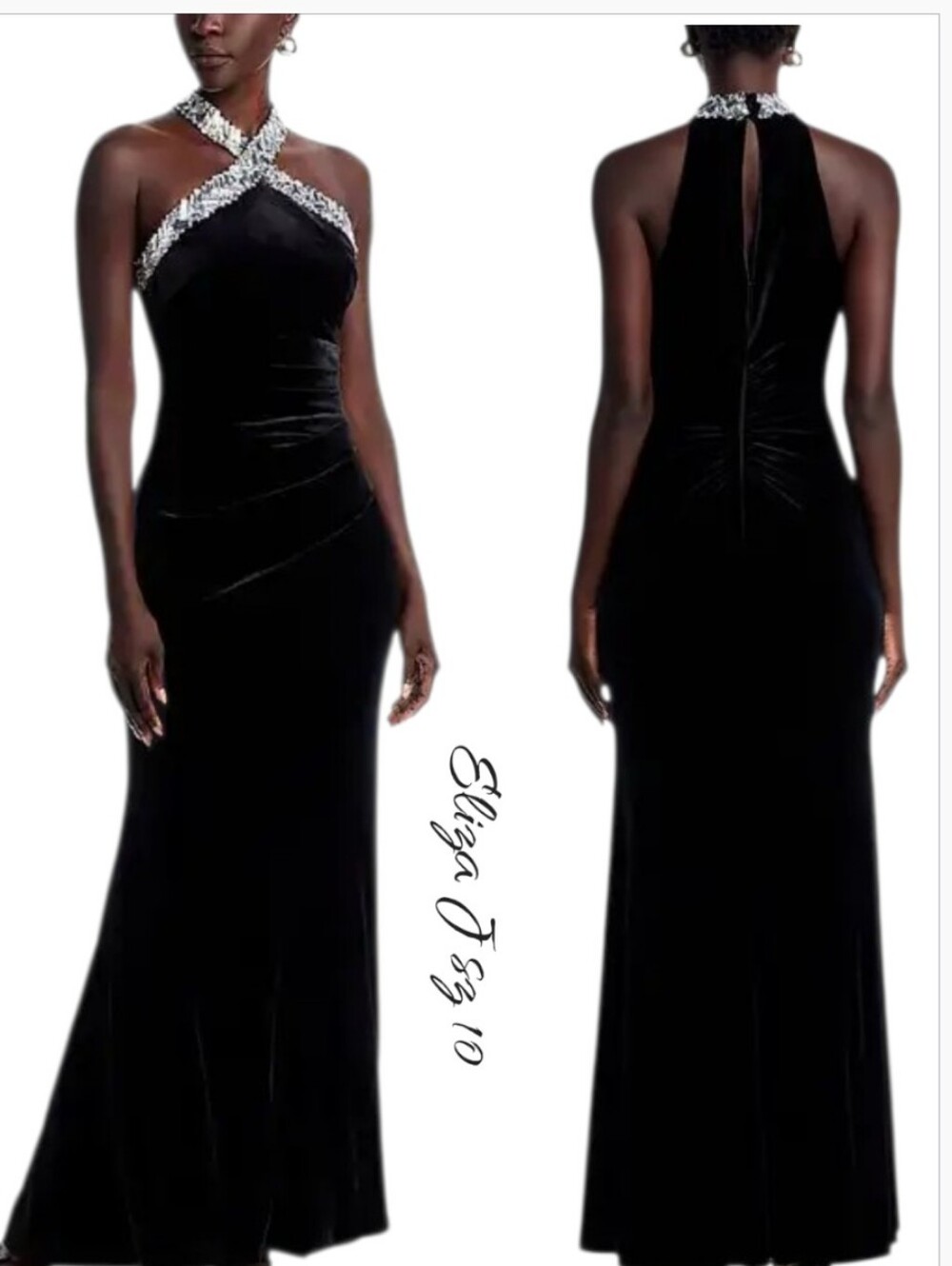 Eliza J Black Velvet Embellished Halter Neck Gown Dress Size 10